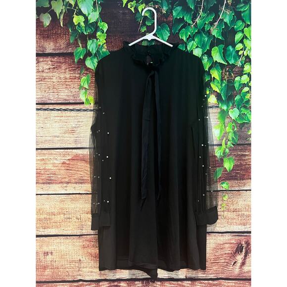 Black Midi Shift Dress PEARL Embellished Sheer Mesh Sleeves Cocktail Party XL - Picture 1 of 7